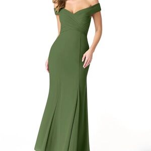 Azazie Olive Green Off-Shoulder Maxi Dress. Bridesmaid. Pleated chiffon. Formal